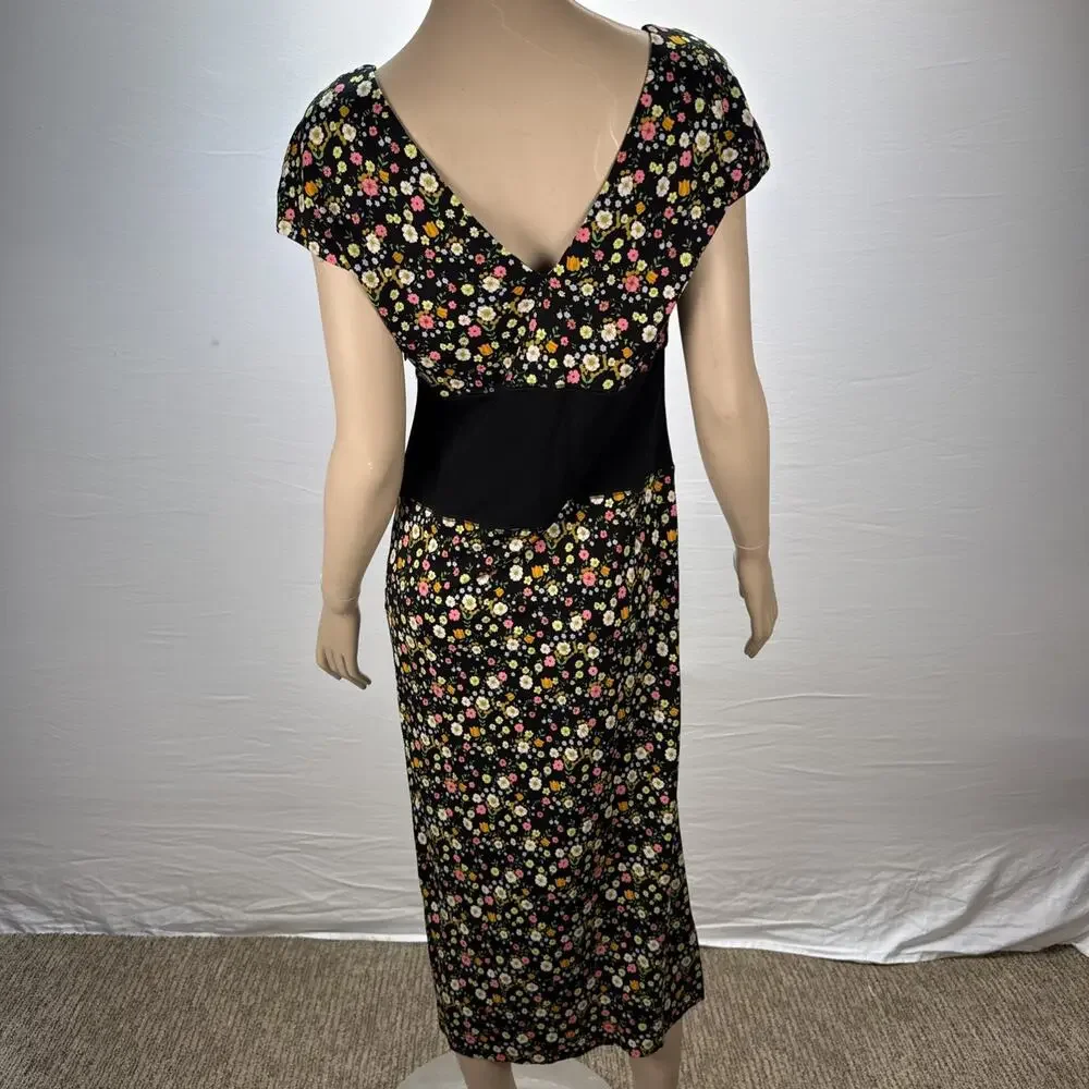 Tory Burch Black Garden Floral Midi Juillet Dress Size L Cap Sleeves‎ V-Neck NWT